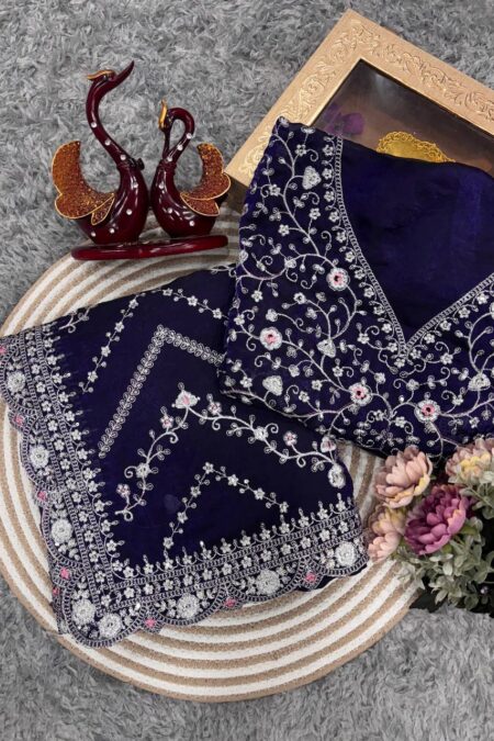 Royal Blue Embroidered Blouse Piece with Intricate Mirror, Sequin & Floral Threadwork – Ready-to-Stitch Fabric for Sarees & Festive Ethnic Wear