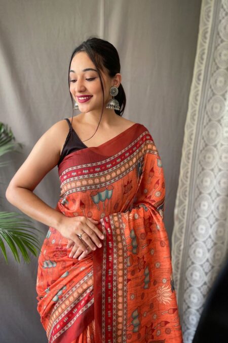 Women's Artistic Terracotta Orange Linen Saree with Kalamkari Inspired Print & Tassel Detailing – Perfect for Casual Festivities & Cultural Events