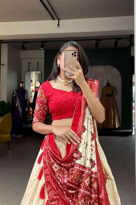 Women's Tussar Silk Patola Print Lehenga Choli Dupatta Set